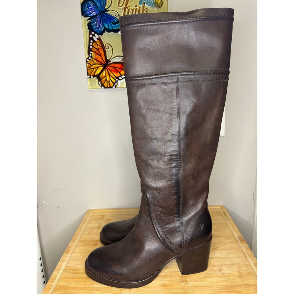 Frye Dark Brown Leather Tall Block Heel Boots Women 6B Sample Equestrian Round